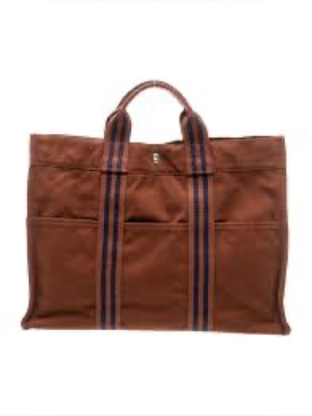 Hermès Fourre Tout MM Canvas Tote Bag Brown Navy Stripe Handbag - Picture 1 of 15